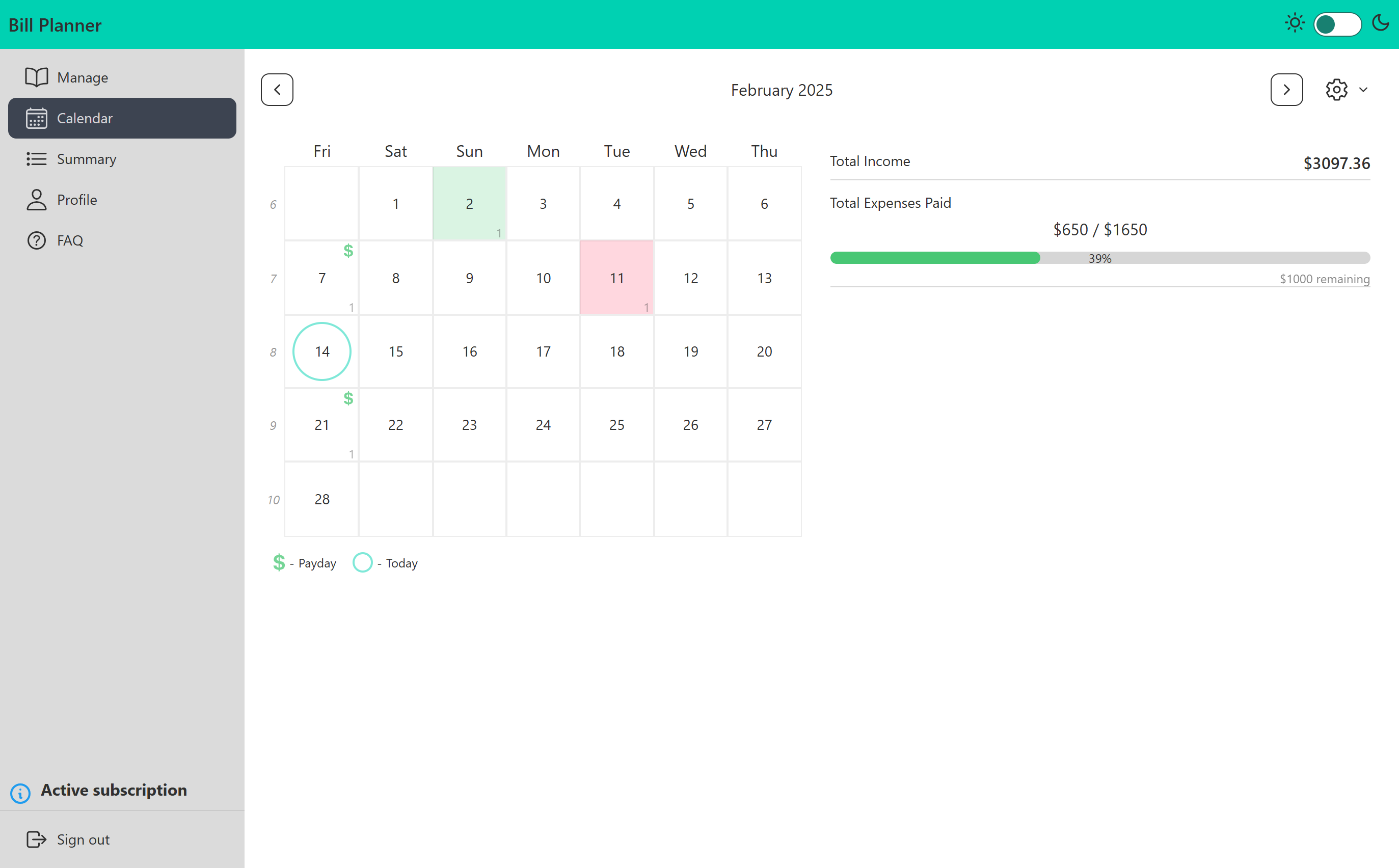 Bill Planner monthly calendar on desktop